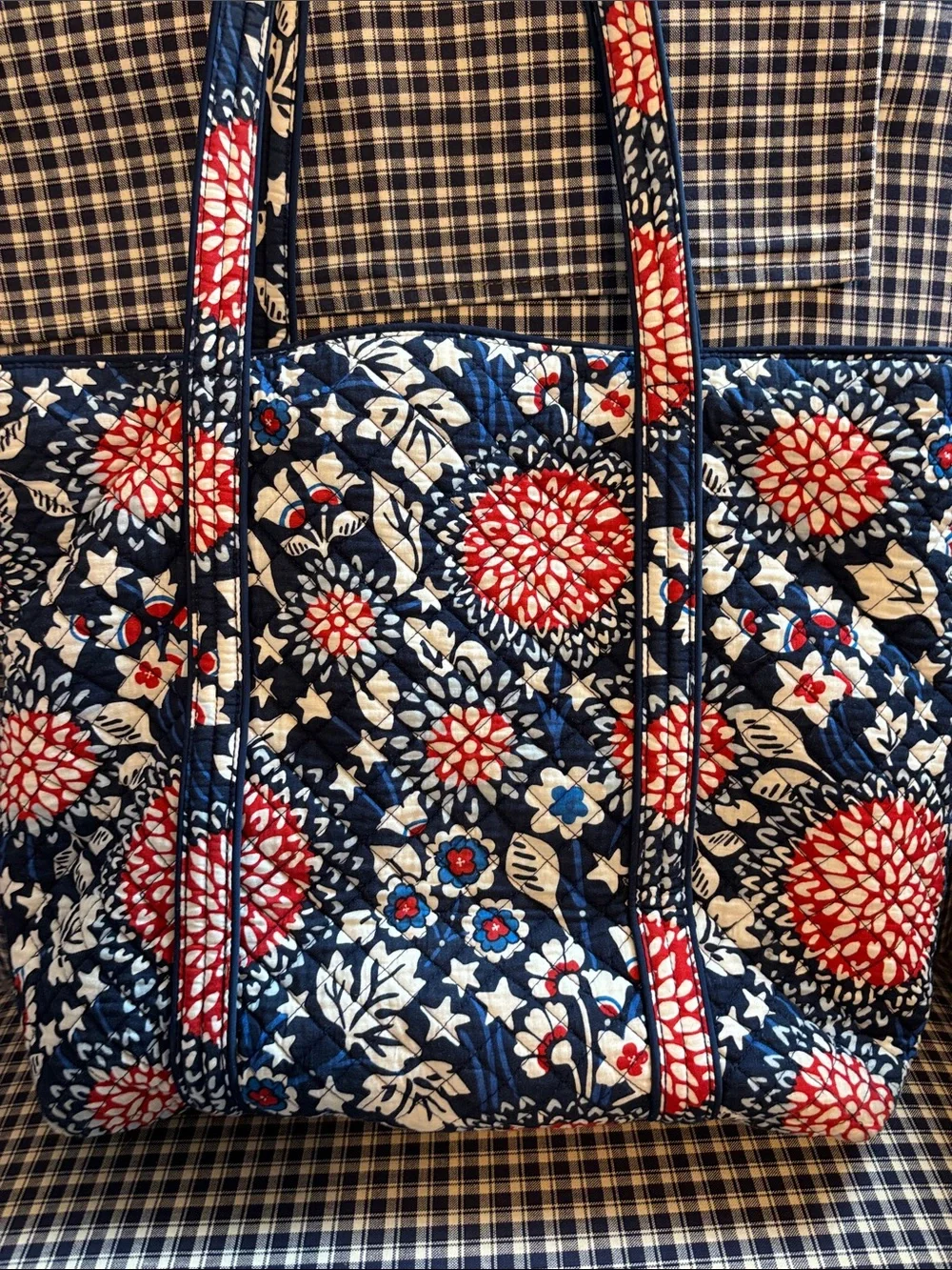 Vera Bradley large Navy, Red and White Quilted Floral Tote, retired